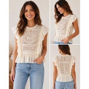 Joie Womens Ivory Crochet Lace Ruffle Blouse L Boho Coastal Cowgirl Beachy EUC